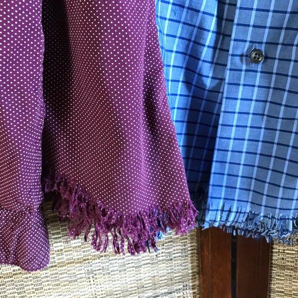 Upcycled Patchwork Button-Down Shirt, Size M-L: Boho Blue Purple Polka Dot Top - Picture 11 of 15